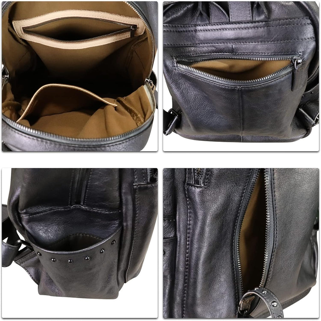 Genuine Leather Backpack Purse for Women Vintage Casual Daypack College Bag Handmade Cowhide Western Rivets Rucksack (Darkgrey)