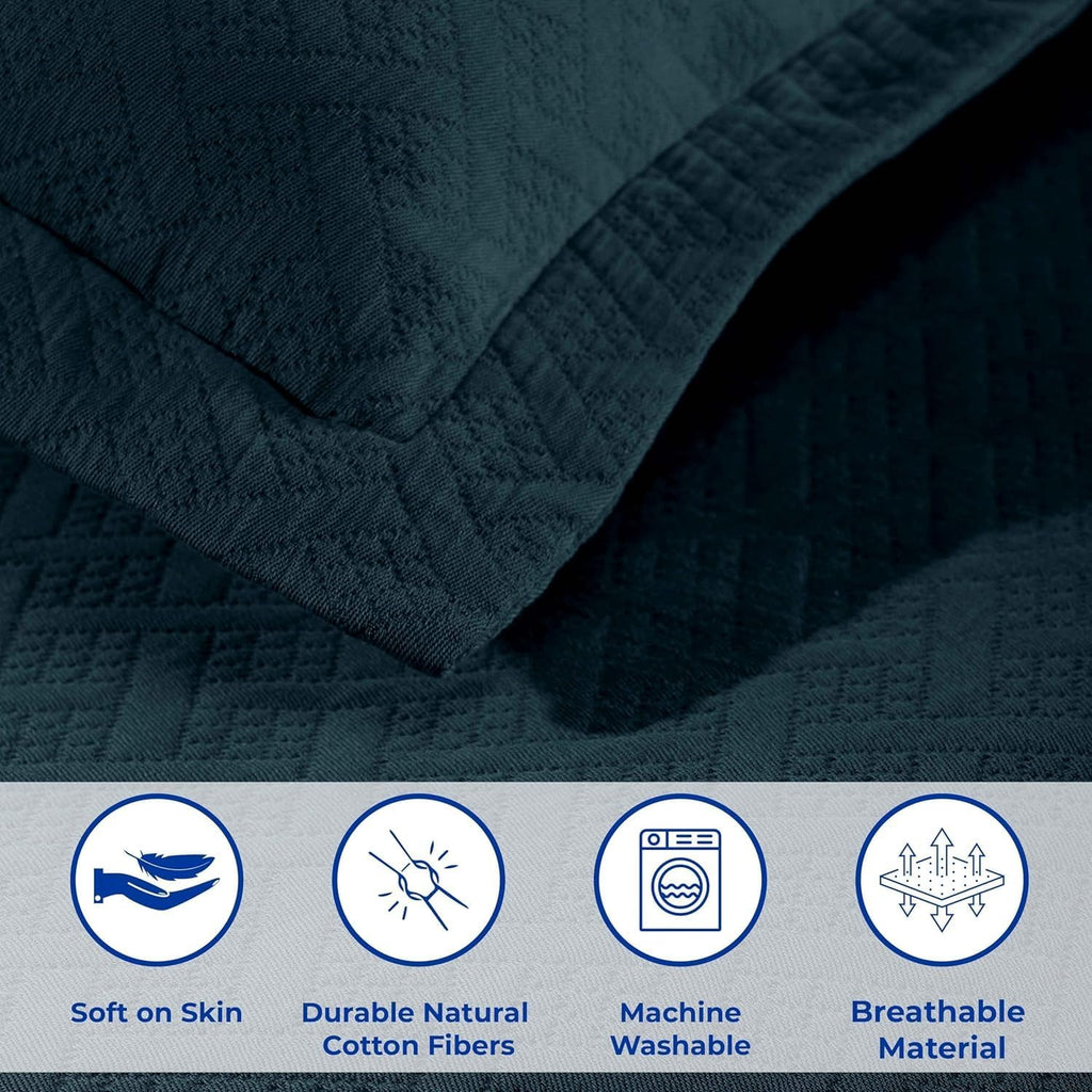 Superior 3 Piece Basketweave Cotton Bedspread Set, Home Bed Decor, Decorative Bed Spread, 2 Pillow Shams, Medium Weight Blanket, Matelasse Coverlet Bedding, Geometric Lattice Pattern, Queen, Deep Sea