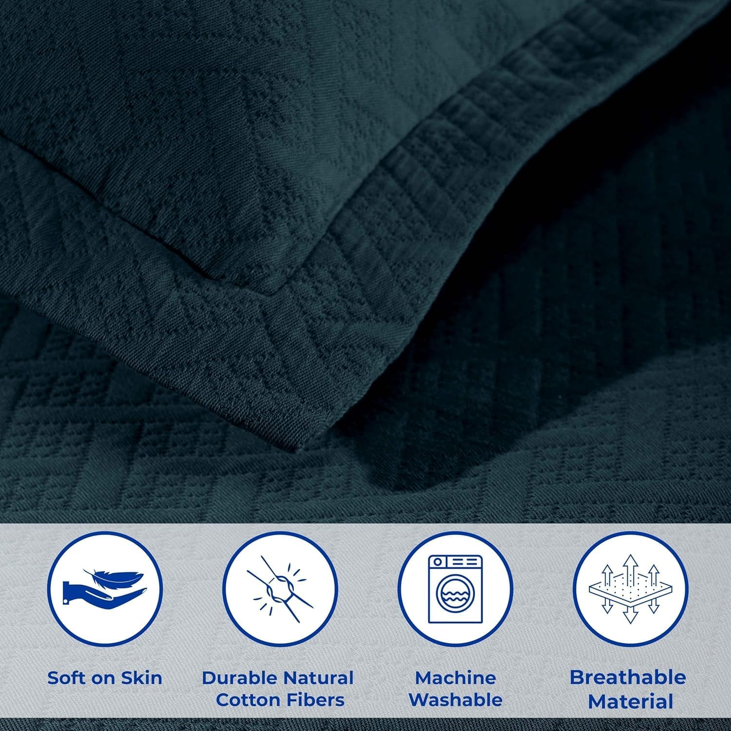 Superior 3 Piece Basketweave Cotton Bedspread Set, Home Bed Decor, Decorative Bed Spread, 2 Pillow Shams, Medium Weight Blanket, Matelasse Coverlet Bedding, Geometric Lattice Pattern, Queen, Deep Sea