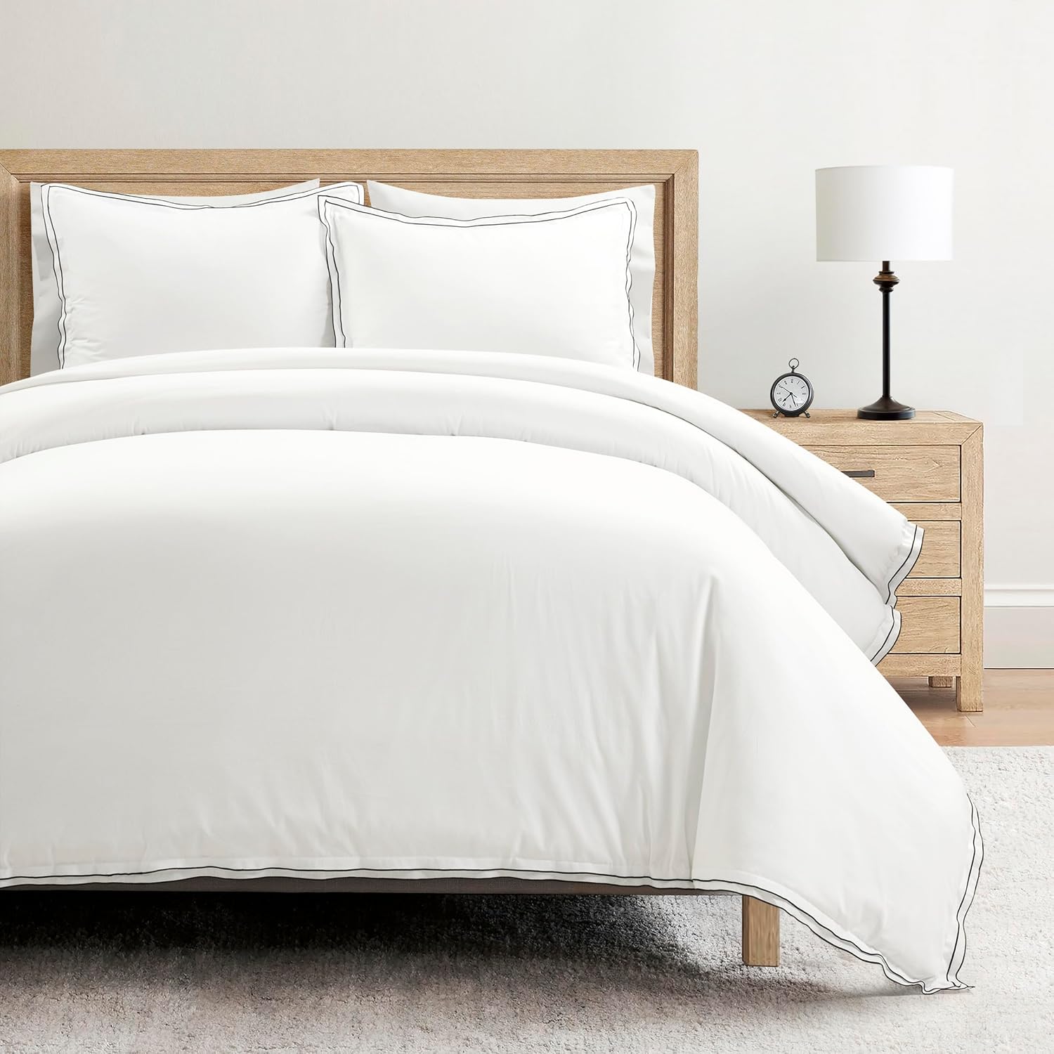 Lush Decor Hampton Double Flange Embroidered Contrast Edge Cotton Duvet Cover Set, 3 Piece Set, King, White & Black - Hotel Bedding Set - Black Trim - White Duvet Cover - Minimalist Decor