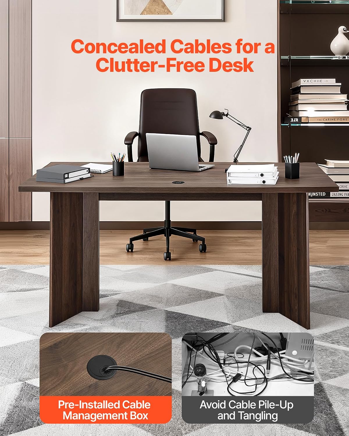 VEVOR 63 in Executive Desk, Large Modern Rectangle Office Table, Heavy Duty Wooden Executive Table with Cable Connection Hole, 250 LBS Load Capacity, Easy Assembly, for Work Study Writing, Walnut