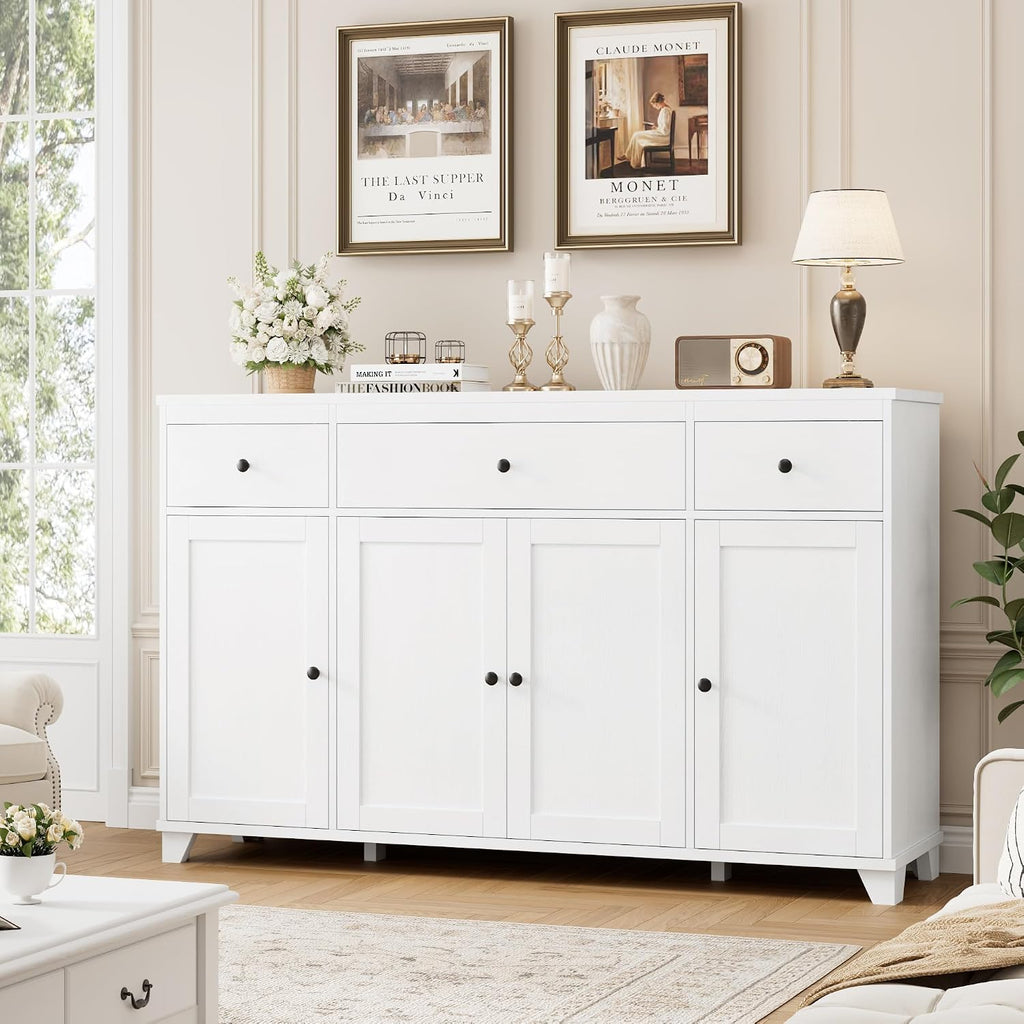 HIFIT 55' Large Kitchen Buffet Cabinet with Storage Drawers, Modern Sideboard Buffet Table Storage Cabinet with Doors and Shelves, Wood Coffee Bar Cabinet for Kitchen Dining Living Room, White