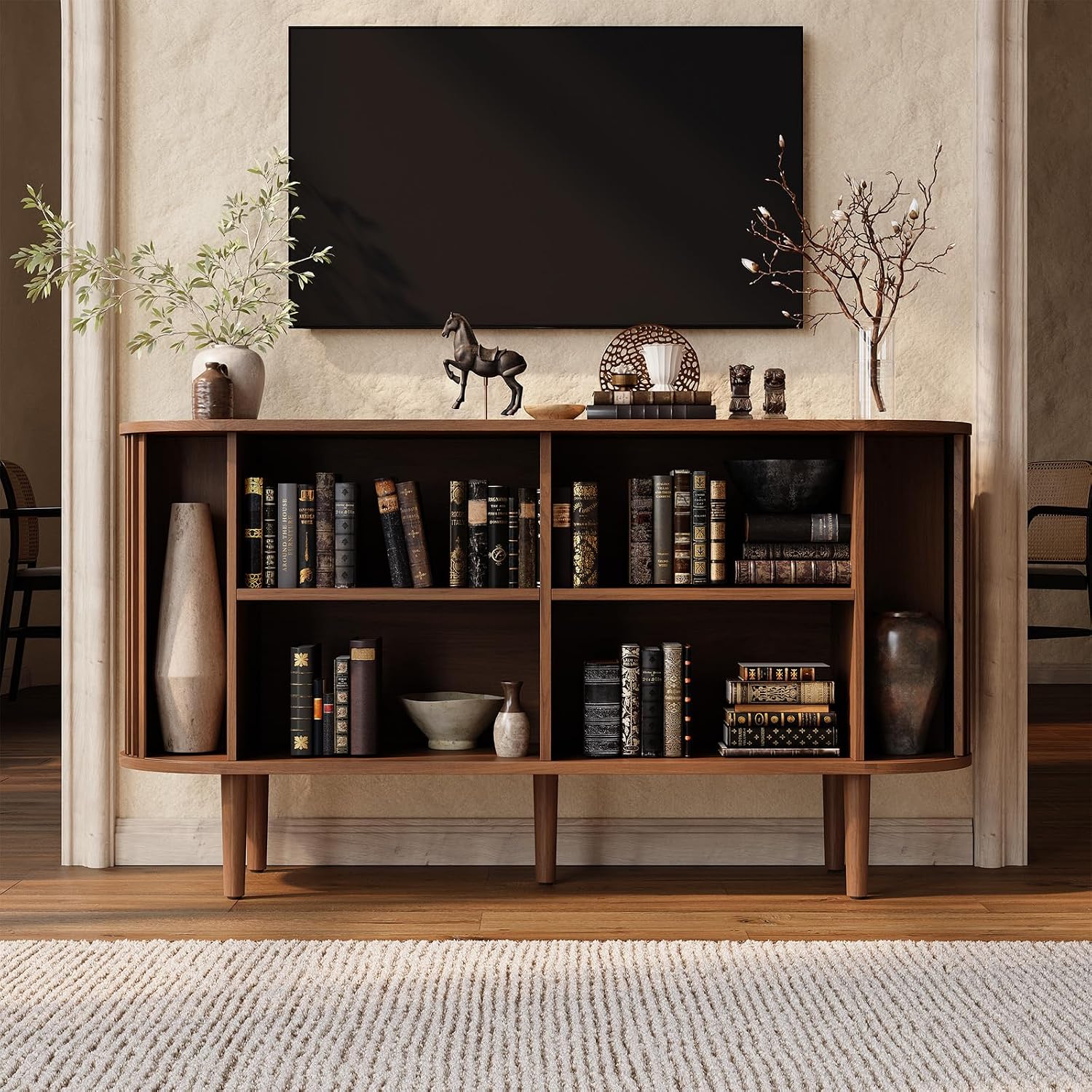 ONBRILL 55' Buffet Sideboard Cabinet with Sliding Doors, Mid-Century Modern Sideboard Buffet Cabinet with Storage & Adjustable Shelves, Accent Coffee Bar Console Table for Kitchen, Entryway, Walnut