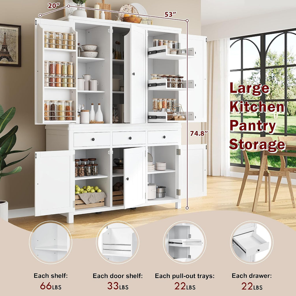 Farmhouse 74.8''H High Freestanding Kitchen Pantry, 53''Lx20''W Wooden Large Cupboard Storage Cabinet with Door Shelves, Adjustable Shelves, Pull-Out Trays and Drawers (White-6ds)