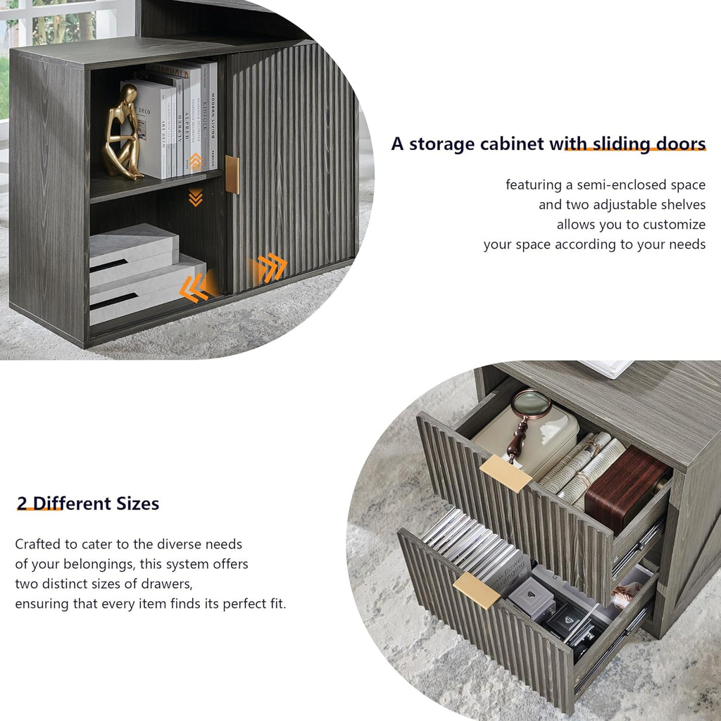 JXQTLINGMU Modern L Shaped Desk with Storage Cabinet & Drawers, Wood Home Office Desk with Power Outlets, Fluted Computer Writing Desk