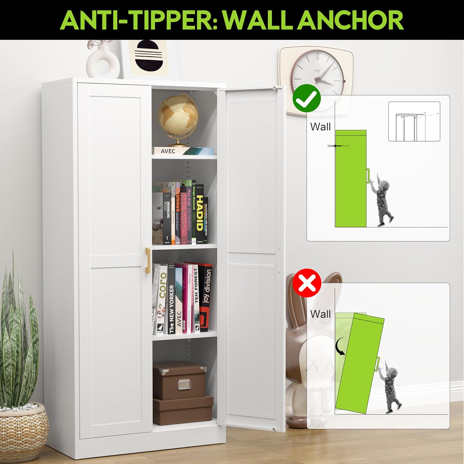 UNICOLY Metal Kitchen Pantry Cabinet, Storage Cabinet with Doors and Shelves, Cupboard with Adjustable Leveling Foot, for Laundry, Living Room, Bathroom, Dinning Room, Assembly Required, White 60' H
