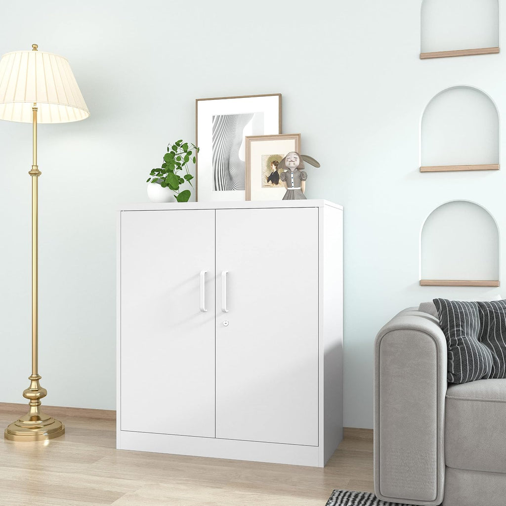 Metal Storage Cabinets with Locking Doors, 36 inch Lockable Steel Office Cabinet with Adjustable Shelves, Small Short Garage Caninet, White Locked Tool Caninets for Home, Office, Garage, Hallway