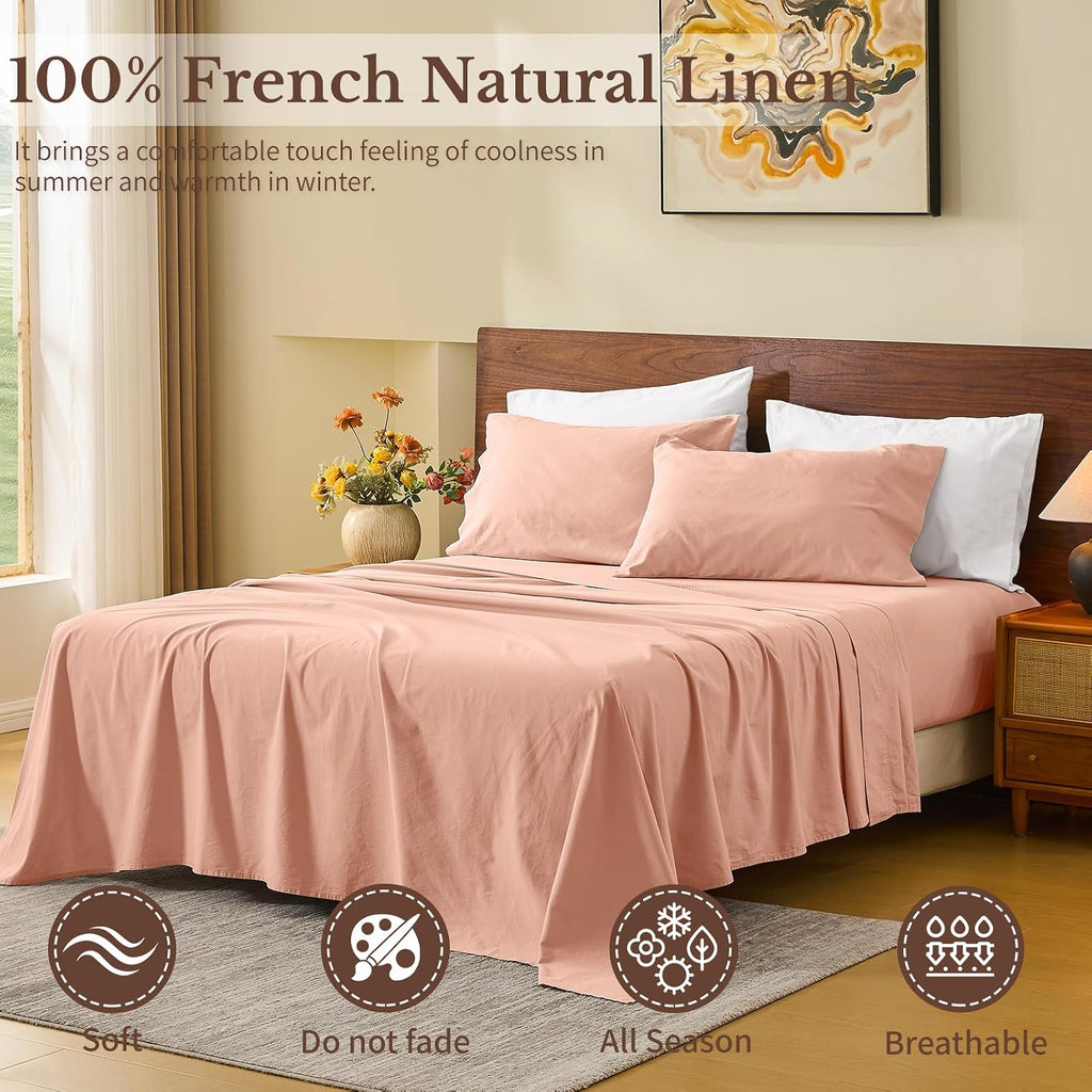 MEISHANG 100% French Pure Linen Sheets King Size - Bed Sheets 4 Piece Sets, Soft Durable Flax Linen, Anti-Tear Breathable Moisture Wicking with 16' Deep Pocket (Light Red)