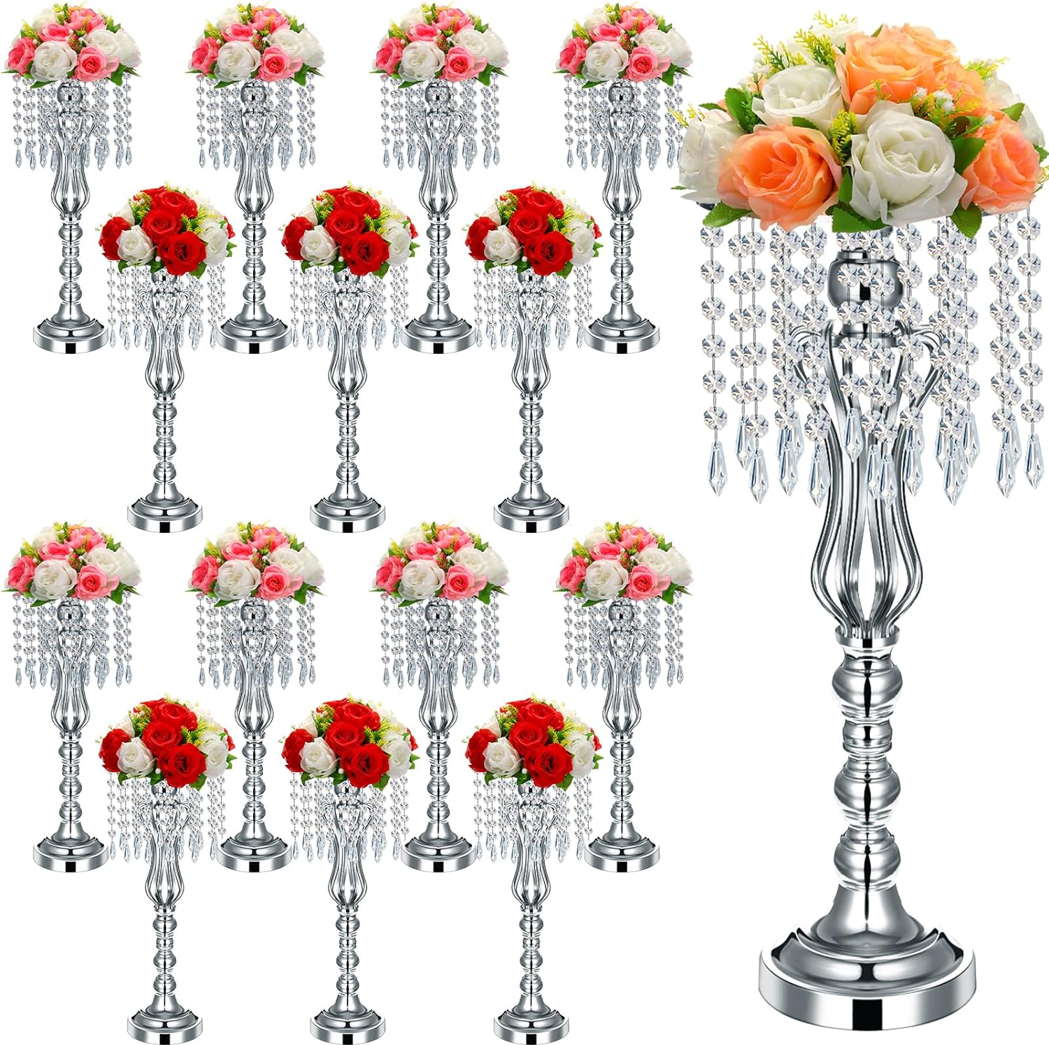 Didaey 16 Pcs Wedding Centerpieces for Tables, Gold Silver Vase Centerpiece with Chandelier Crystal Metal Flower Stand, Tall Flower Vases for Wedding Party Home Decoration(Silver,21.3')