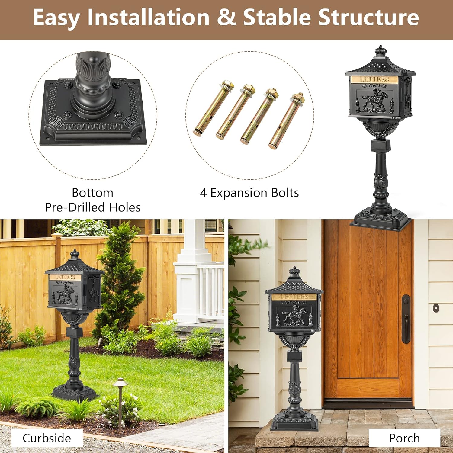 Giantex Cast Aluminum Mailbox with Post - Locking Residential Mailboxes for Outside with Keys, Baffle Door, Expansion Bolts, Address Panel, In-Ground Rust-Proof Large Security Postal Mailbox (Black)