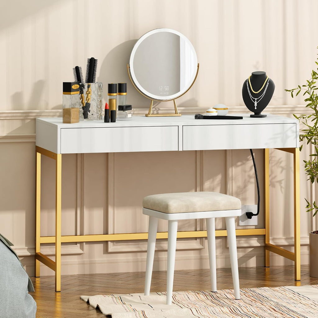 Treocho Computer Desk with USB Charging Ports and Power Outlets, Modern Simple 47 inch Vanity Desk with 2 Drawers, Makeup Table for Home Office, Bedroom, White and Gold