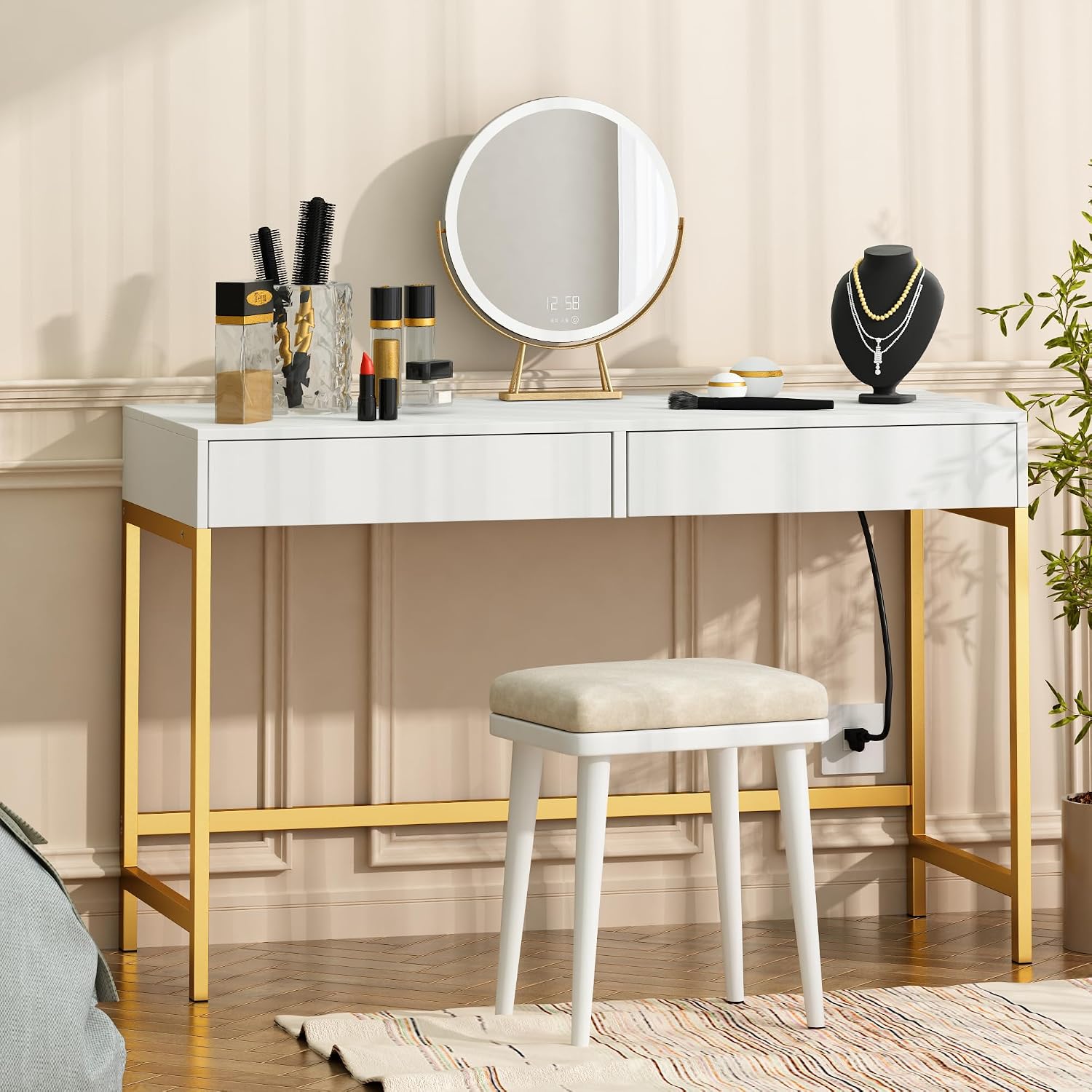 Treocho Computer Desk with USB Charging Ports and Power Outlets, Modern Simple 47 inch Vanity Desk with 2 Drawers, Makeup Table for Home Office, Bedroom, White and Gold