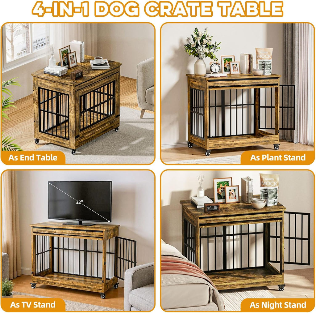 32' Dog Crate Furniture, Double Door Wooden Indoor Dog Kennel Furniture, Decorative Pet Cage End Table with Wheels for Medium and Small Breed Dogs, Size M, Rustic Brown
