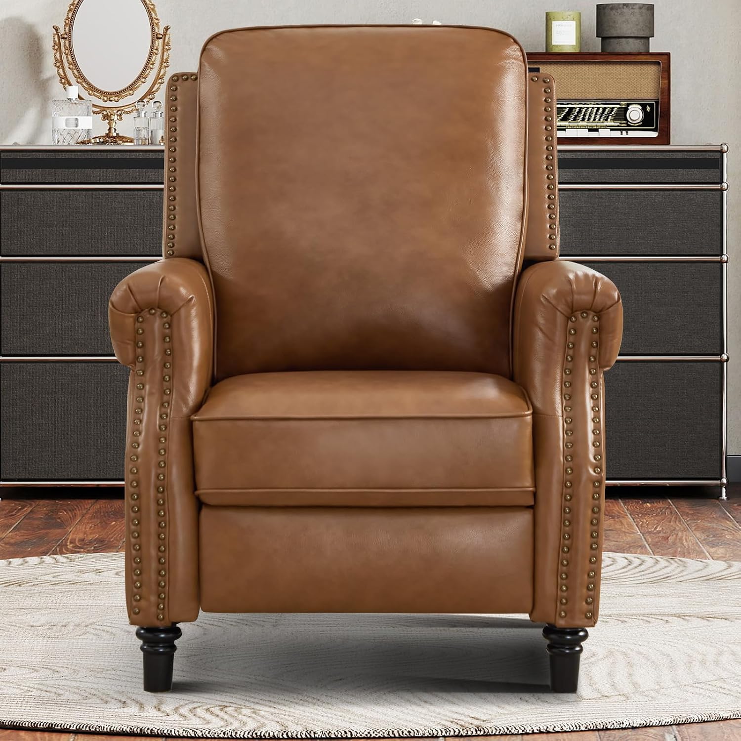 CANMOV Push Back Recliner Chair Set of 2, Genuine Leather Pushback Reclining Chair with Padded Seat, Wingback Recliner with Rivet Decoration Single Sofa Recliner for Living Room Apartment, Brown