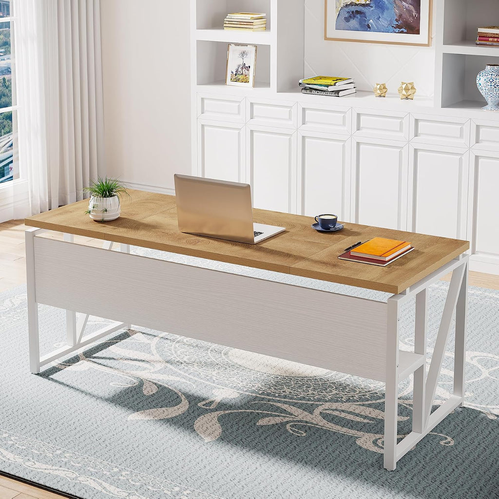 Tribesigns 63 inches Computer Desk with Bottom Storage Shelf Home Office Desk Writing Table for Workstation, Dark Walnut + Steel Leg, Cabinet not Included (Light Oak, 63-inch-with Shelf)