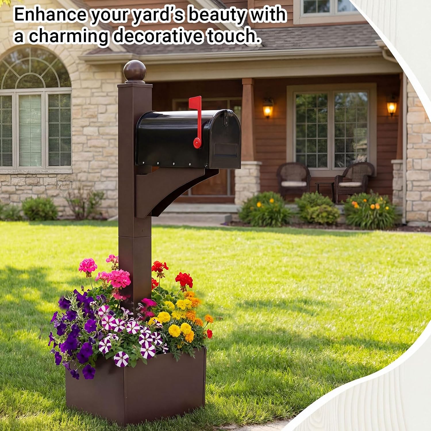 Colingmill Brown and Black Iron Mailbox Posts with Mailbox and Planter Box for Outside Decorative Ground Mounting Post 56 Inch / 4.6 ft Tall Heavy Duty Stand for Outdoor Use