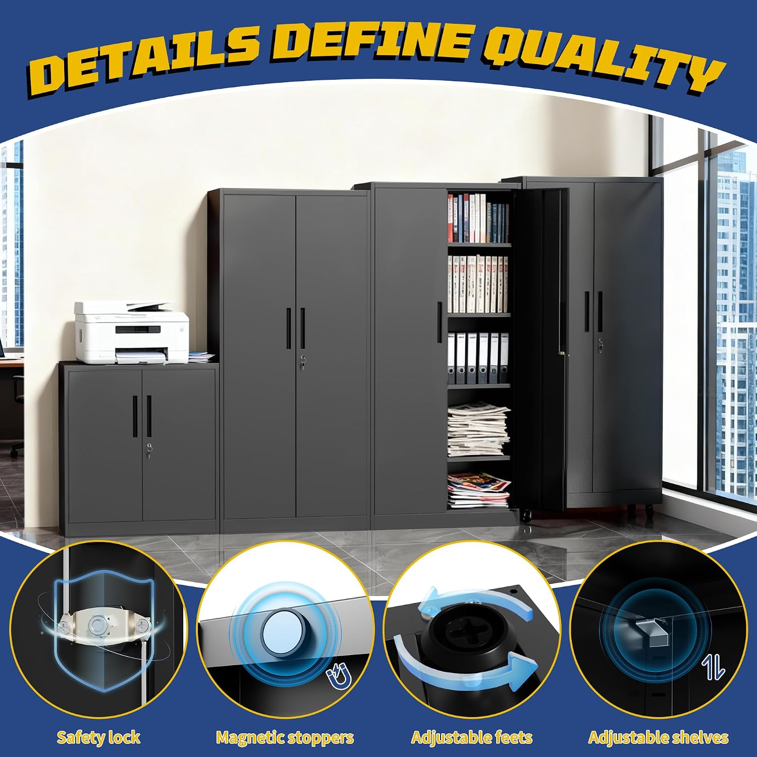 Metal Storage Cabinet with Doors and Adjustable Shelves, 73' Steel Garage Storage Cabinets with Wheels, Locking Tool Cabinet Utility Cabinets for Garage,Bathroom,Kitchen,Home Office,School