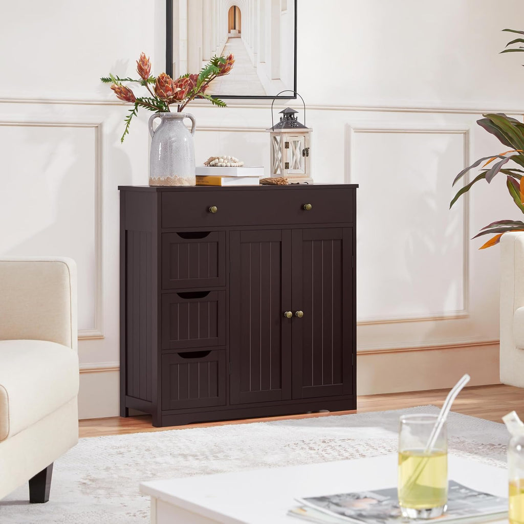 Topeakmart Bathroom Free-Standing Floor Cabinet, Practical Large Storage Cabinet with 4 Drawers and 2 Doors for Kitchen, Entrance Area, Living Room, Adjustable Shelf, Ample Space Espresso