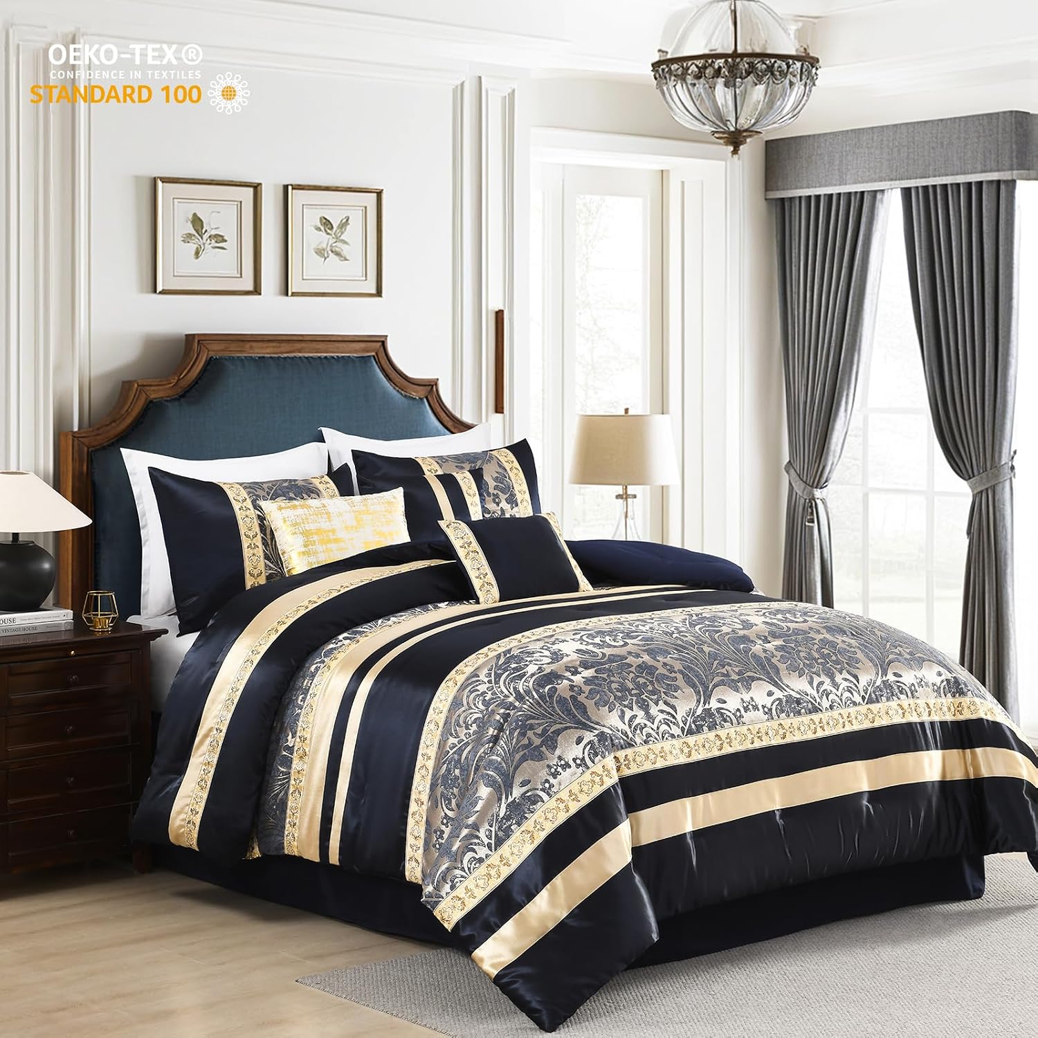Finlonte Comforter Set California King Size, Navy Blue Gold, 7-Piece Bed in a Bag for All Seasons, Luxury Vintage Floral Jacquard Damask Patchwork, Bedding Sets with Bed Skirt, Shams and Decor Pillows