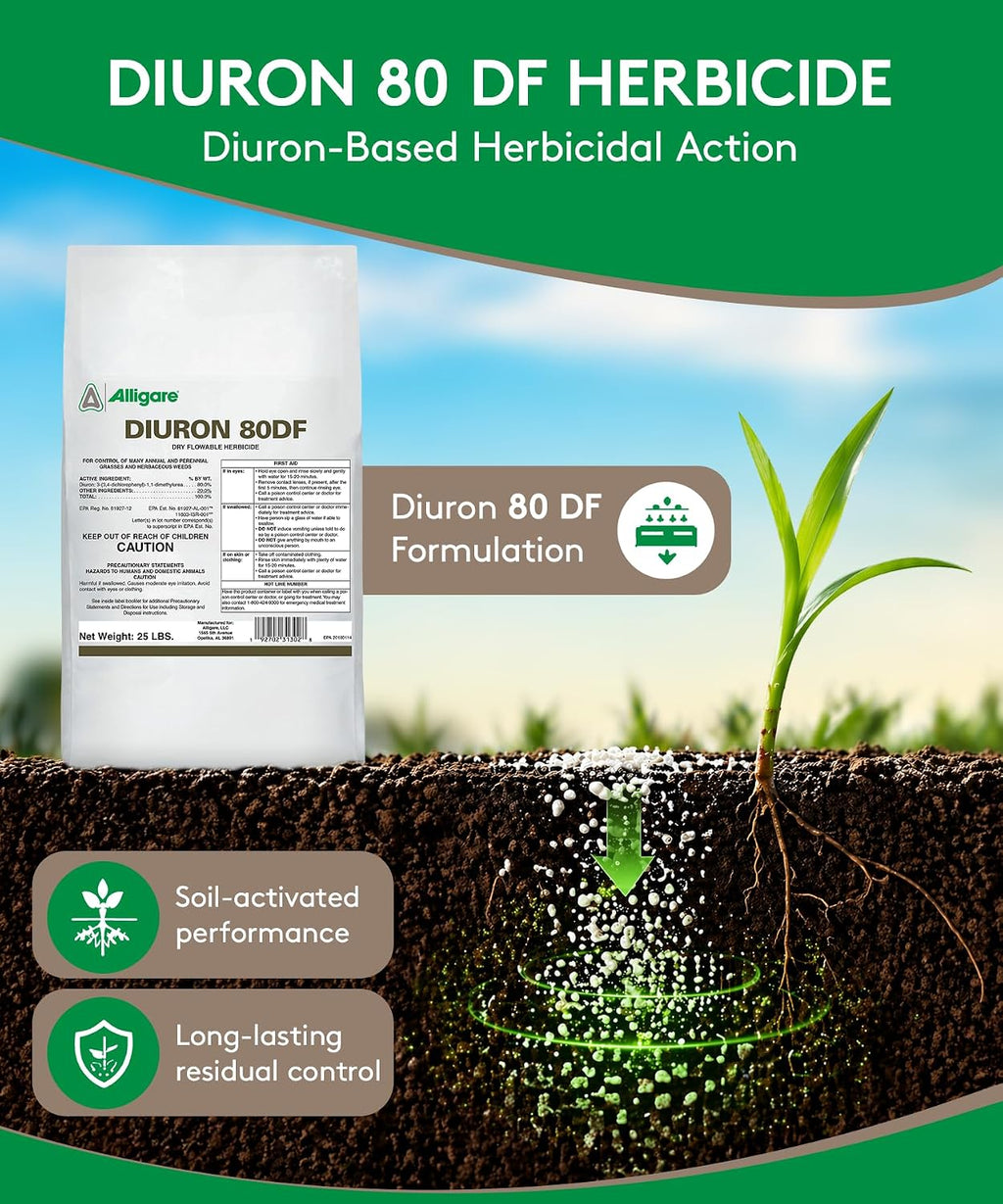 Alligare Diuron 80 DF Herbicide - Pre and Post Emergent Weed Killer for Industrial & Non-Crop Areas - Controls Crabgrass, Ryegrass & Broadleaf Weeds - Dry Granules for Ground Application - 25 lb