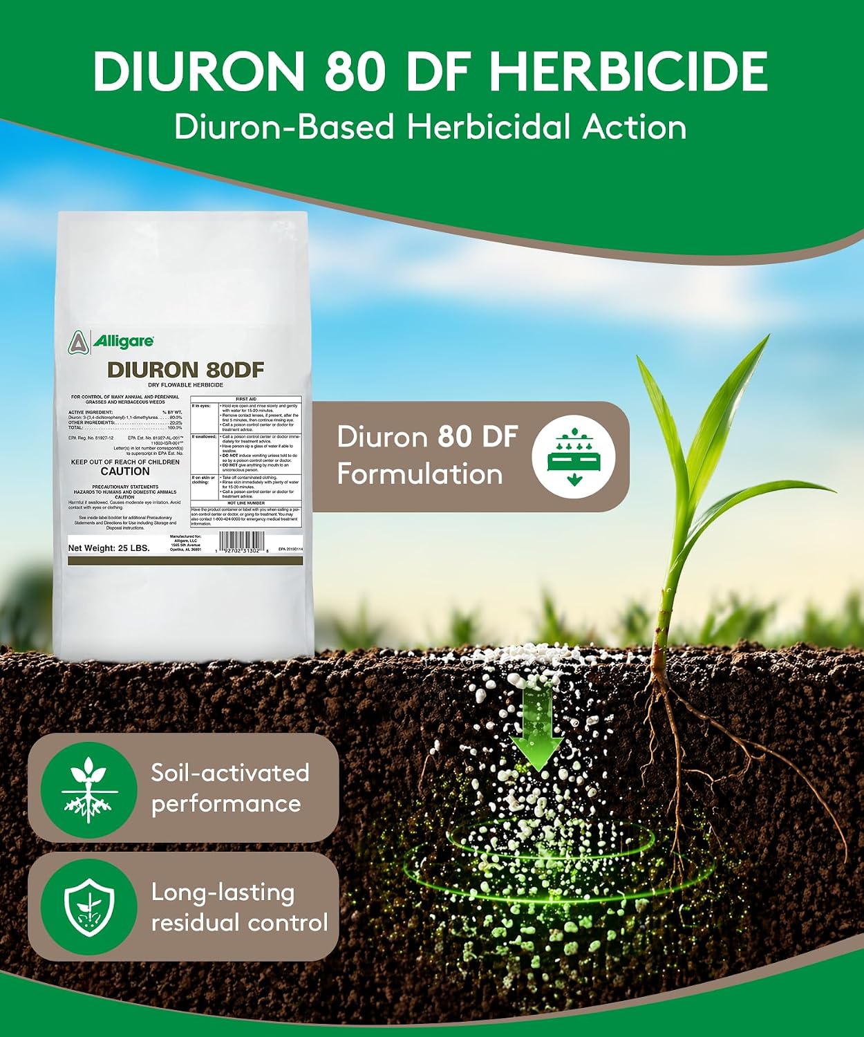 Alligare Diuron 80 DF Herbicide - Pre and Post Emergent Weed Killer for Industrial & Non-Crop Areas - Controls Crabgrass, Ryegrass & Broadleaf Weeds - Dry Granules for Ground Application - 25 lb