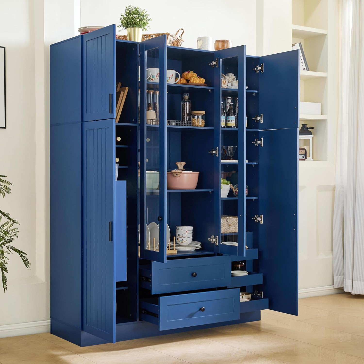 Modern Large Kitchen Pantry with 6 Doors, 53.2''Lx17.7''W Wood Storage Cabinet Cupboard with Drawers, Adjustable Shelves, Pull-Out Trays and Wine Rack for Dining Room (Blue-4.19)