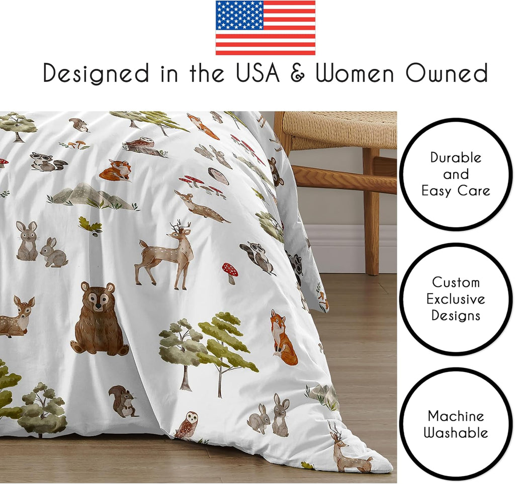 Sweet Jojo Designs 2-Piece Twin Comforter Set (Woodland Forest Animals) for Boys or Girls, Children, Kids Bedding, Bed in a Bag incl. Blanket & Pillow Sham (Neutral, Brown Bear, Owl, Fox, Tree Animal)