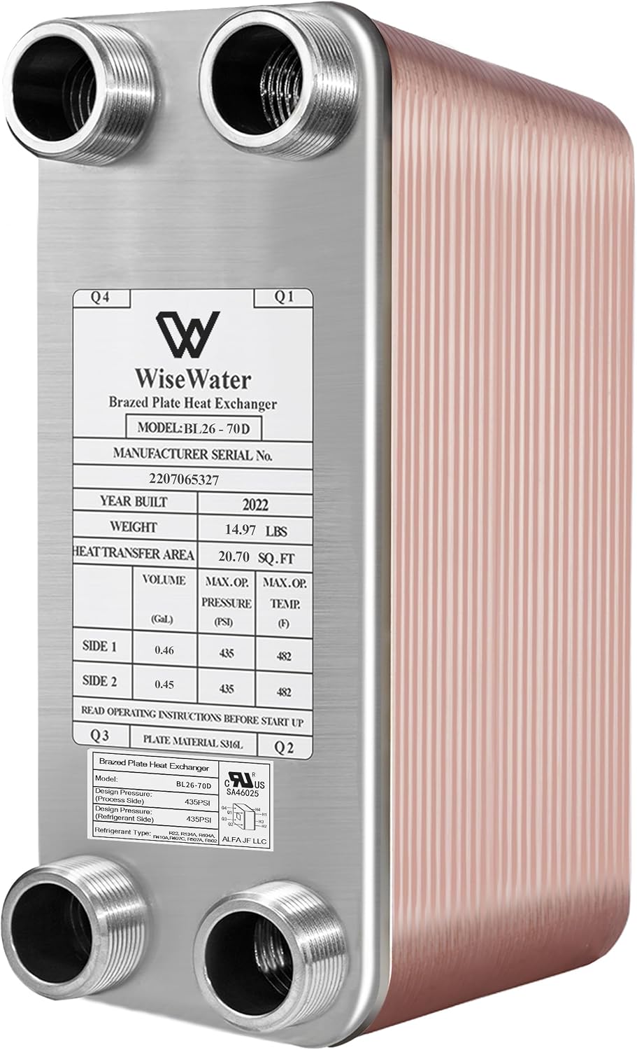 AB Plate Heat Exchanger, 4'x 12' 70 Plates Water To Water Heat Exchanger, Copper/SS316L Stainless Steel Brazed Plate Heat Exchanger For Floor Heating, Water Heating, Snow Melting