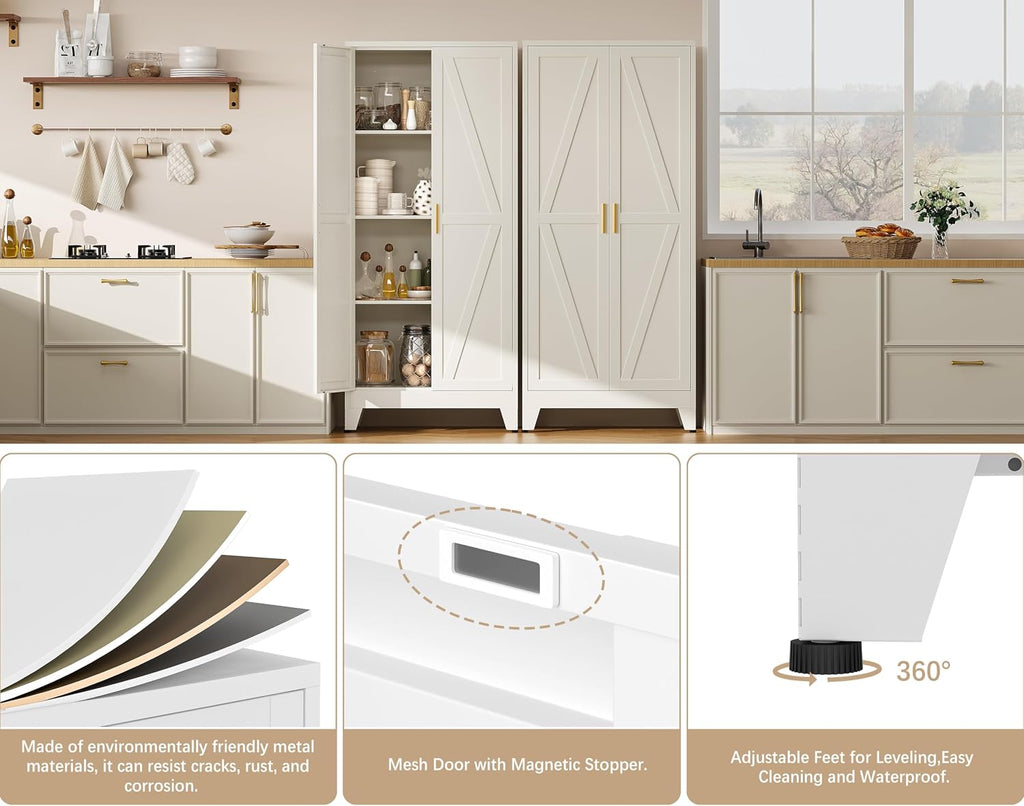 61' H White Storage Cabinet,Metal Pantry Cabinets with Doors,Tall Cabinet,Kitchen Pantry Storage Cabinets
