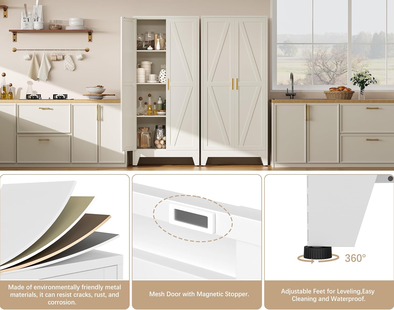 61' H White Storage Cabinet,Metal Pantry Cabinets with Doors,Tall Cabinet,Kitchen Pantry Storage Cabinets