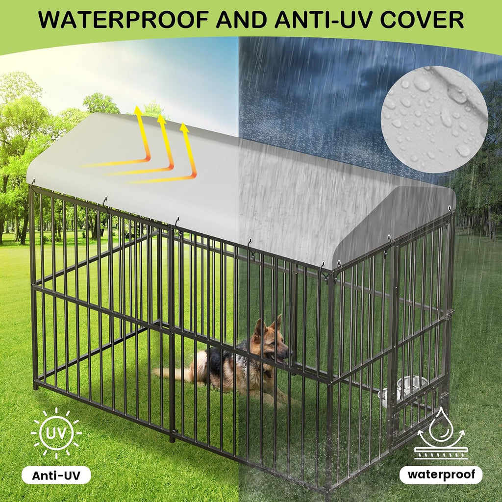 GarveeHome 8×4×6FT Large Heavy Duty Outdoor Dog Kennel, Weatherproof Metal Dog Cage with Lock, Rotating Stainless Steel Feeding Bowl & Waterproof Roof Cover, for All Dog Breeds, Yard or Indoor Use