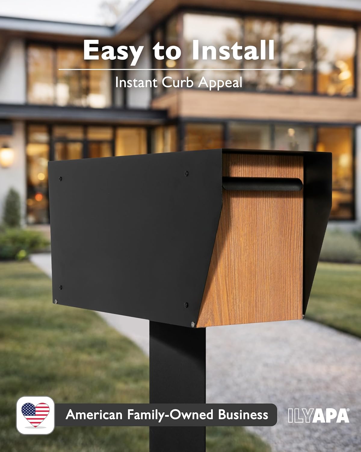 Ilyapa Black Modern Mailbox Post Mount Mailboxes for Outside- Powder Coated Steel Metal Mail Box with Rear Door, Outdoor All Weather & Corrosion Resistant, Stainless Steel Hinges & Magnetic Door
