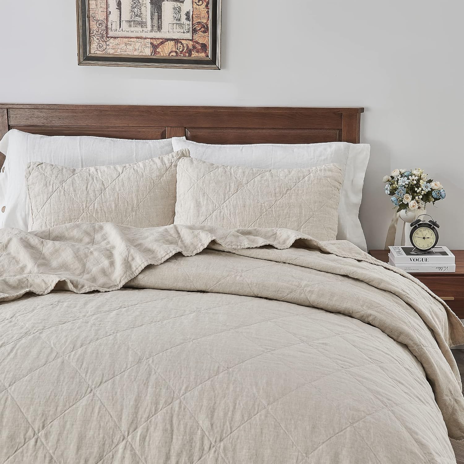 S VICTORY SYMBOL Linen Quilt Set Queen Size-3 Piece Bedding Quilt Coverlets,All Seasons Bedspreads,100% French Linen Shell and Viscoses from Bamboo Filling Quilted Coverlet(Includes 1 Quilt,2 Shams)