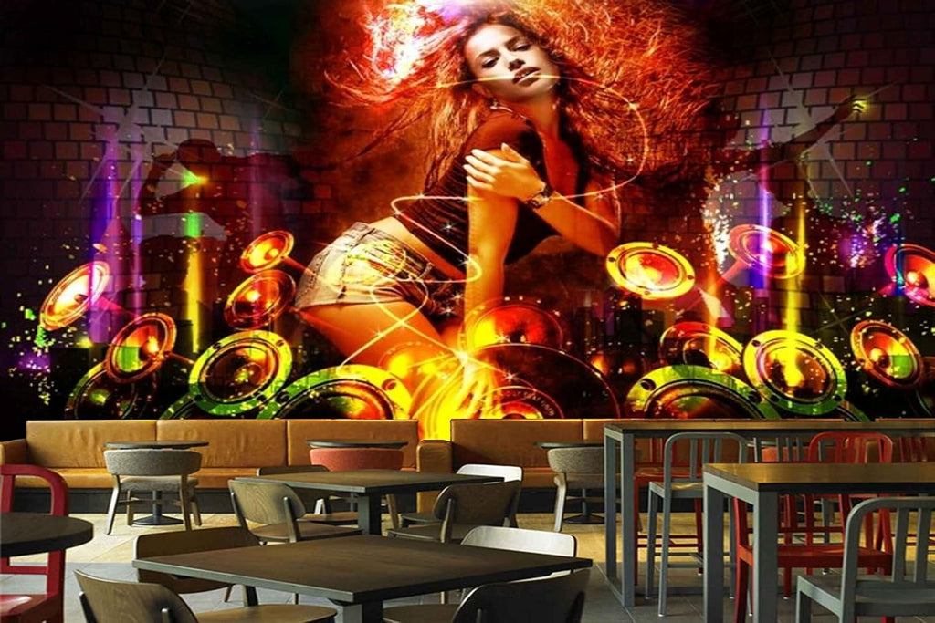 MWZ3485 Musical Instruments Girl Dj HD 3D Wallpaper for Disco Club Karaoke[19 ft x 18 ft] / [579 cm x 549 cm]