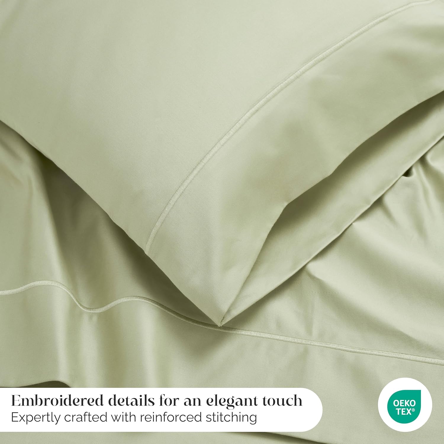 Superior Egyptian Cotton 1500 Thread Count Sheet Set, Luxury Sheets, Embroidered Marrow Stitch Hem, Bedding Essentials, 1 Deep Pocket Fitted Sheet, 1 Flat Sheet, 2 Pillowcases, California King, Sage