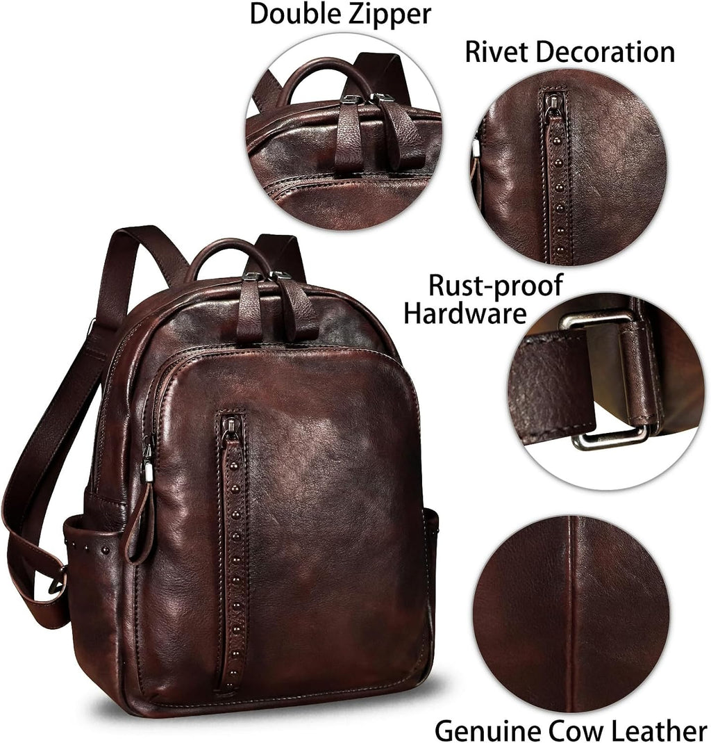 Genuine Leather Backpack Purse for Women Vintage Casual Daypack College Bag Handmade Cowhide Western Rivets Rucksack (Coffee)