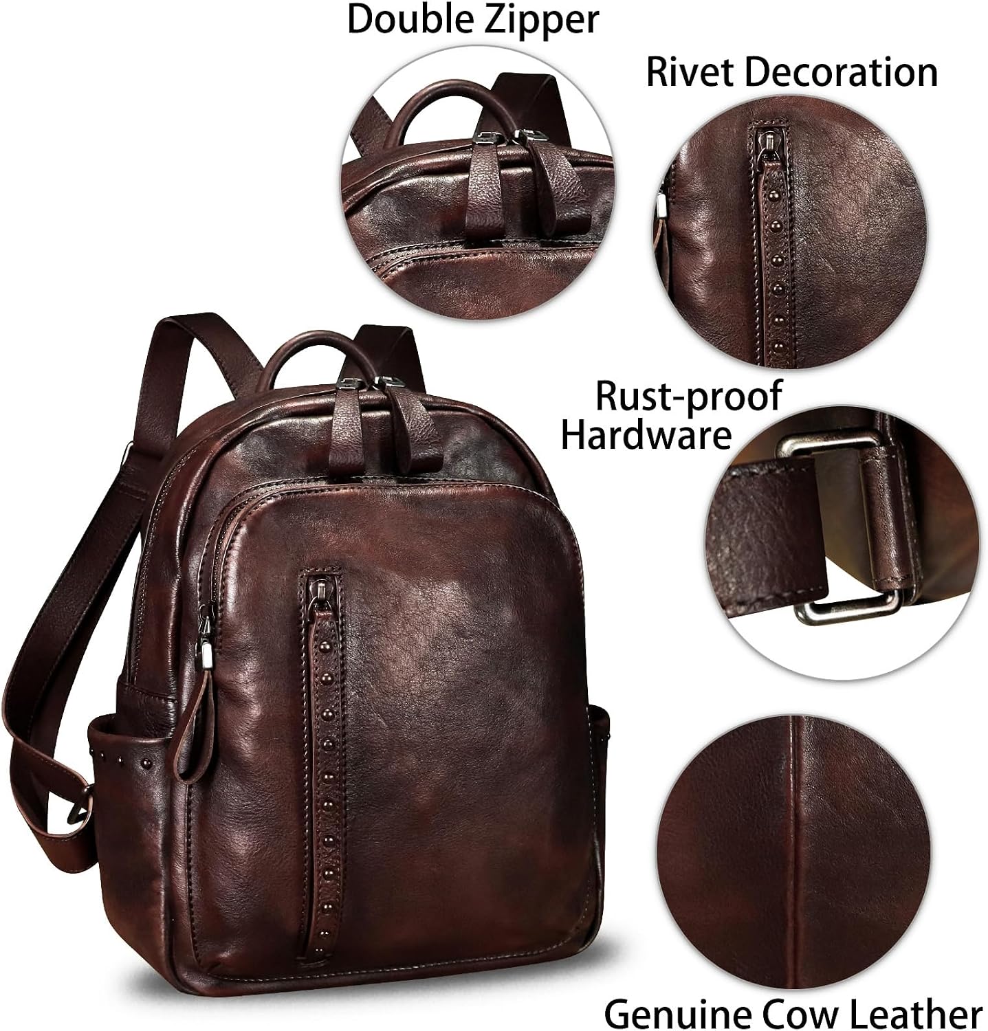 Genuine Leather Backpack Purse for Women Vintage Casual Daypack College Bag Handmade Cowhide Western Rivets Rucksack (Coffee)
