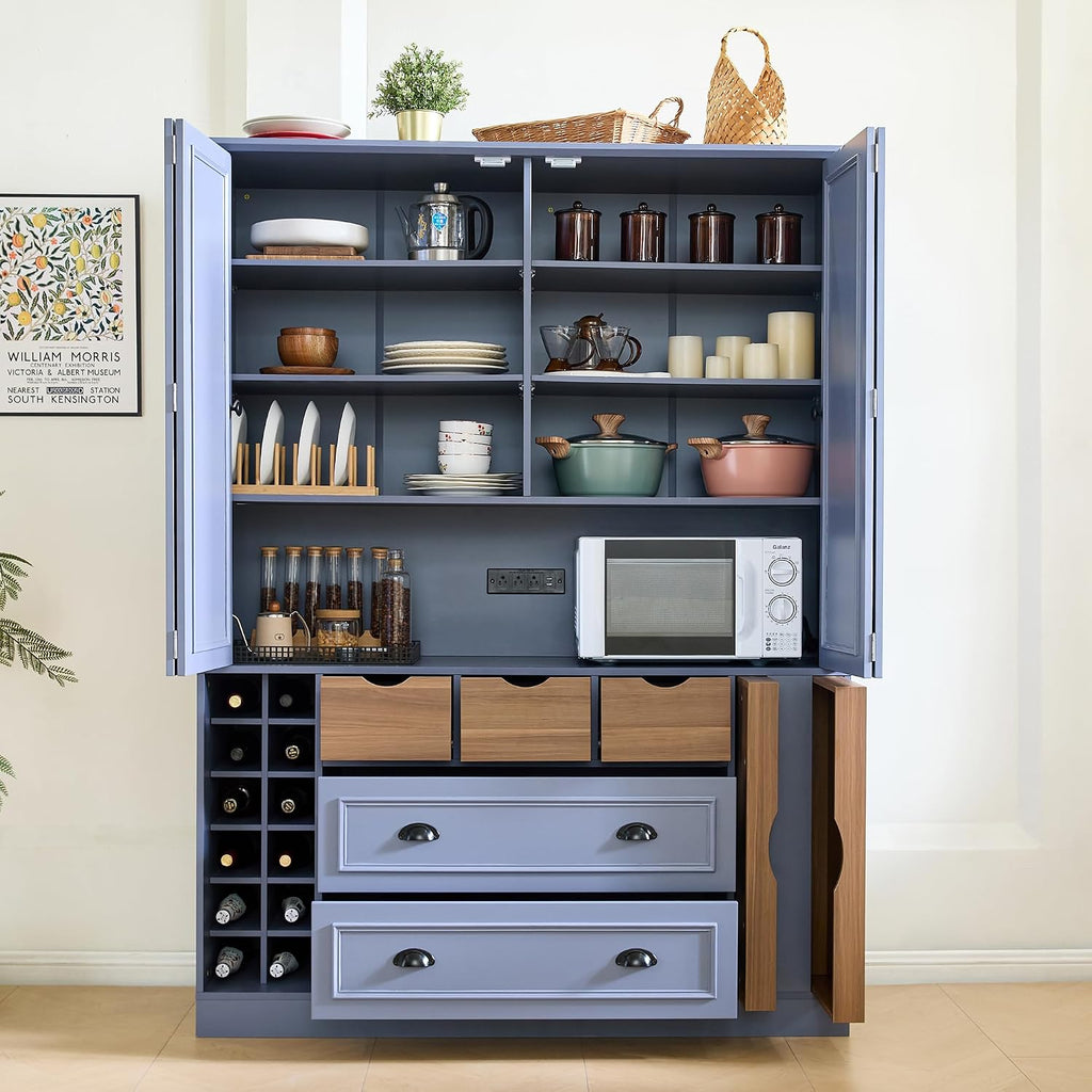 Farmhouse 71''H Large Kitchen Pantry, 53.2''Lx17.7''W Wood Dining Storage Cabinet Cupboard with 4 Foldable Doors, Power Outlet, Shelves, Wine Racks and Serving Trays (Gray-Fold D)