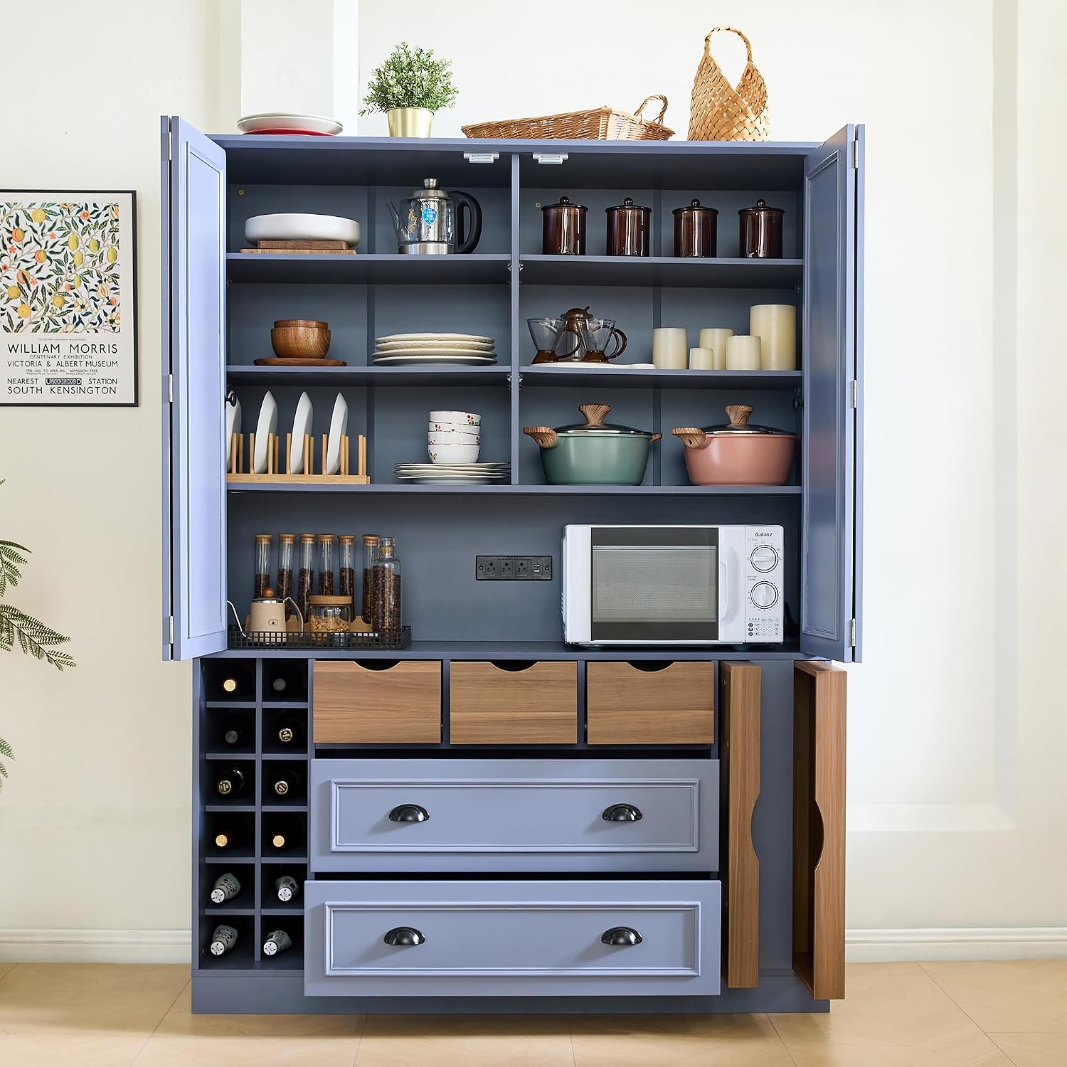 Farmhouse 71''H Large Kitchen Pantry, 53.2''Lx17.7''W Wood Dining Storage Cabinet Cupboard with 4 Foldable Doors, Power Outlet, Shelves, Wine Racks and Serving Trays (Gray-Fold D)