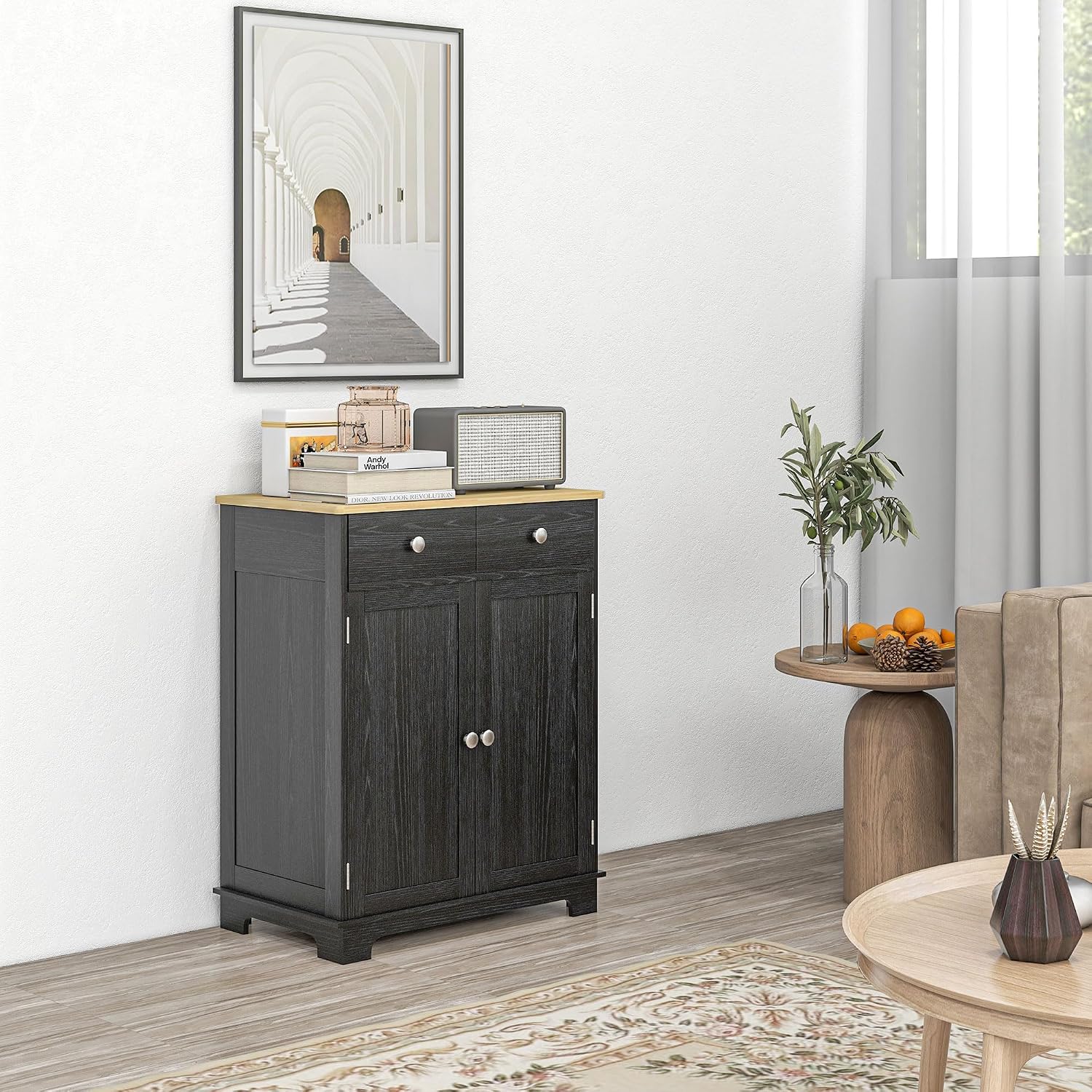 HOMCOM Sideboard Buffet Cabinet with Solid Wood Countertop, Modern Kitchen Storage Cabinet, Coffee Bar Cabinet with 2 Drawers, Doors and Adjustable Shelf, Distressed Black