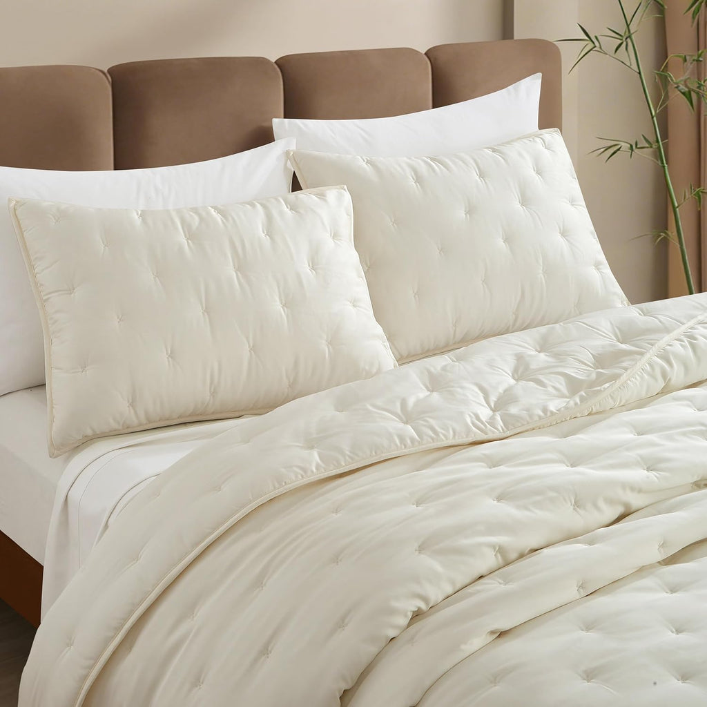 100% Viscose Derived from Bamboo,Full/Queen Quilt Set,3-Piece Comforter Set Dreamer Cross Stitch Cooling Rayon Bedding Duvet Insert with Corner Loops, Ivory Cream