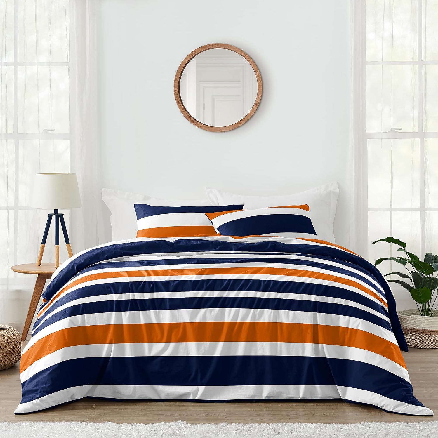 Sweet Jojo Designs Navy Blue, Orange and White Childrens, Teen 3 Piece Full/Queen Boys Stripe Bedding Set Collection