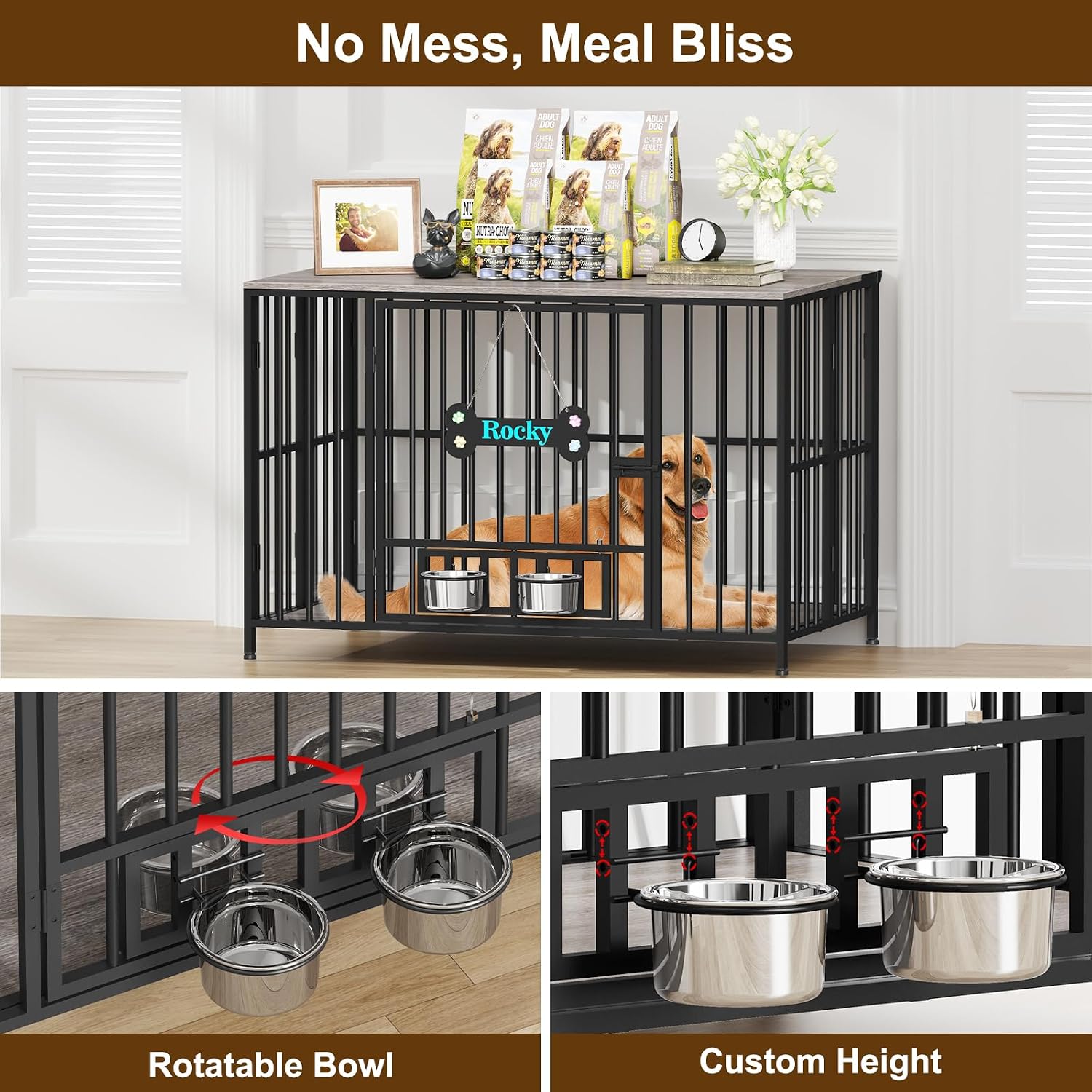 Easycom 43' Dog Crate Furniture Foldable, No Assembly Decorative Dog Kennel Indoor, XL Dog Crates for Large Dogs (60-80 lbs), Wooden Dog Cage with Adjustable Bowls and Name Tag, Oak Grey
