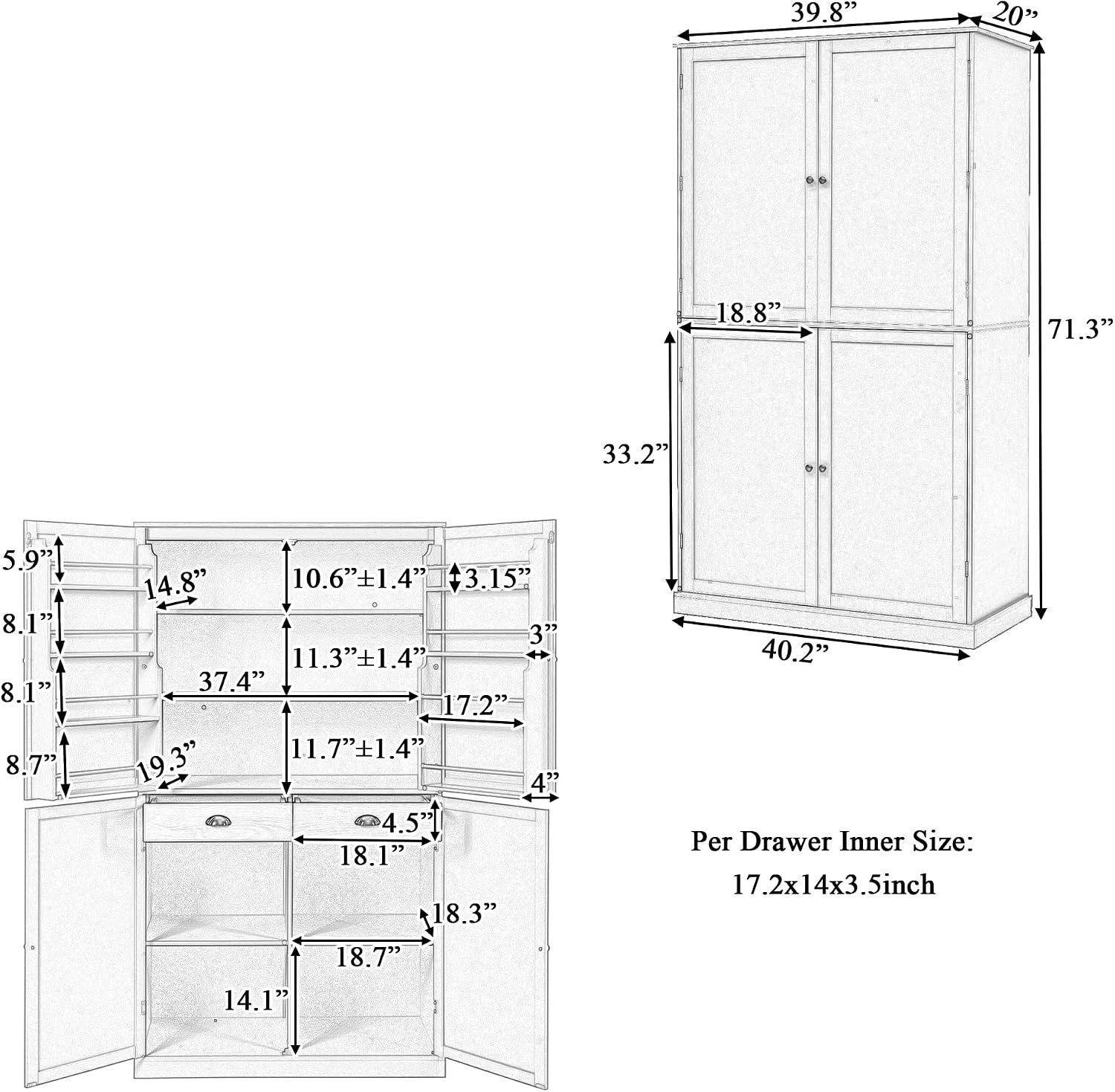 71.3inch Farmhouse Kitchen Pantry, Freestanding Large Cupboard Storage Cabinet with 2 Drawers and 2 Adjustable Shelves, Wood Storage Cabinet with 8 Door Shelves for Kitchen, Dining Room (Gray-2)
