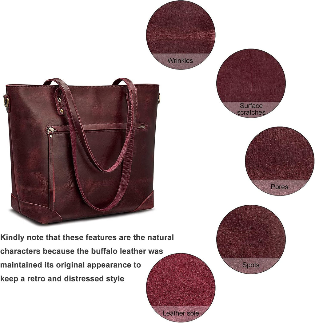 S-ZONE Vintage Genuine Leather Shoulder Bag Work Totes for Women Purse Handbag with Back Zipper Pocket Large