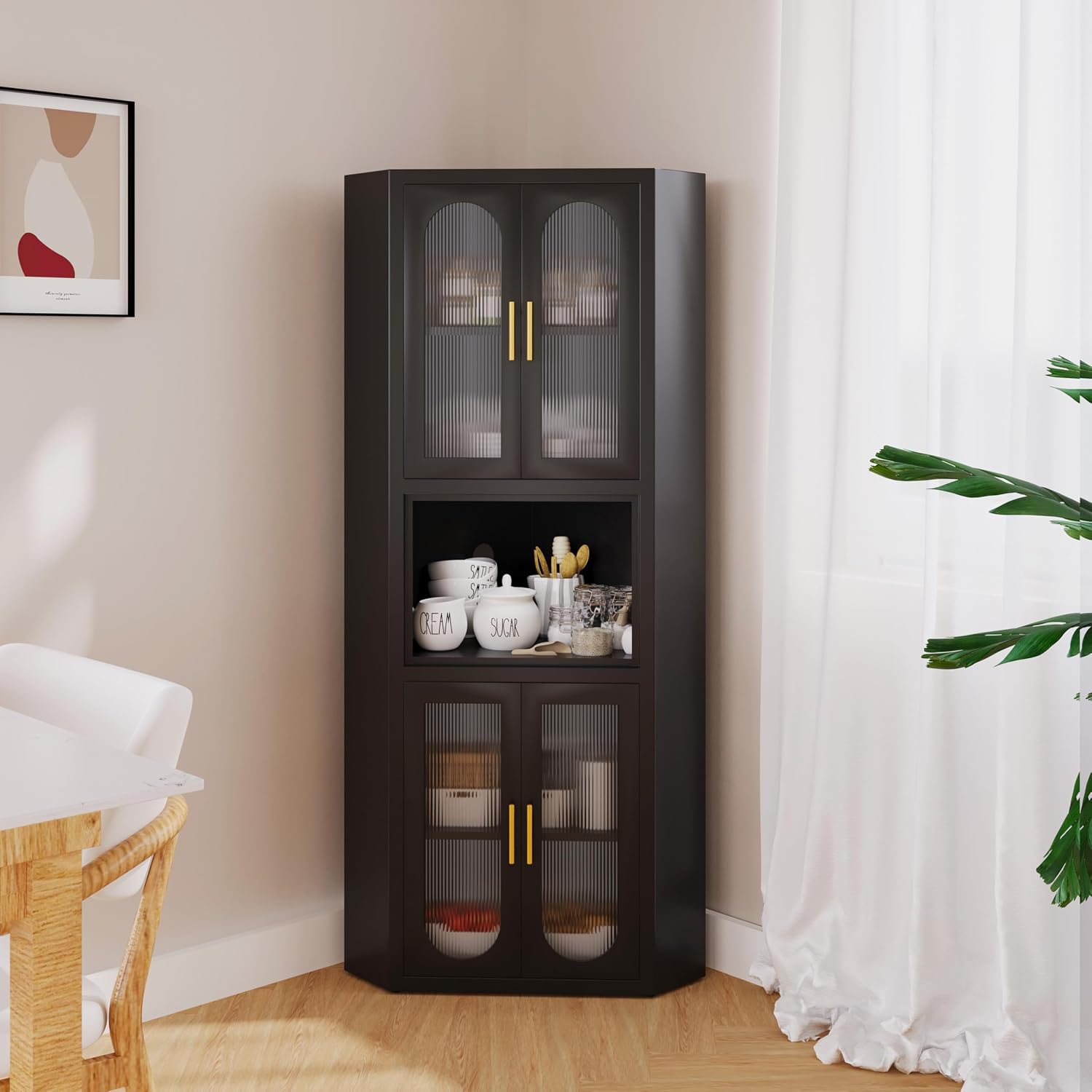 erosoei Farmhouse Corner Cabinet, Tall Corner Pantry Storage Cabinet with Acrylic Glass Door Design & Adjustable Feet, for Laundry Room, Bathroom, Kitchen,Bedroom(Black)