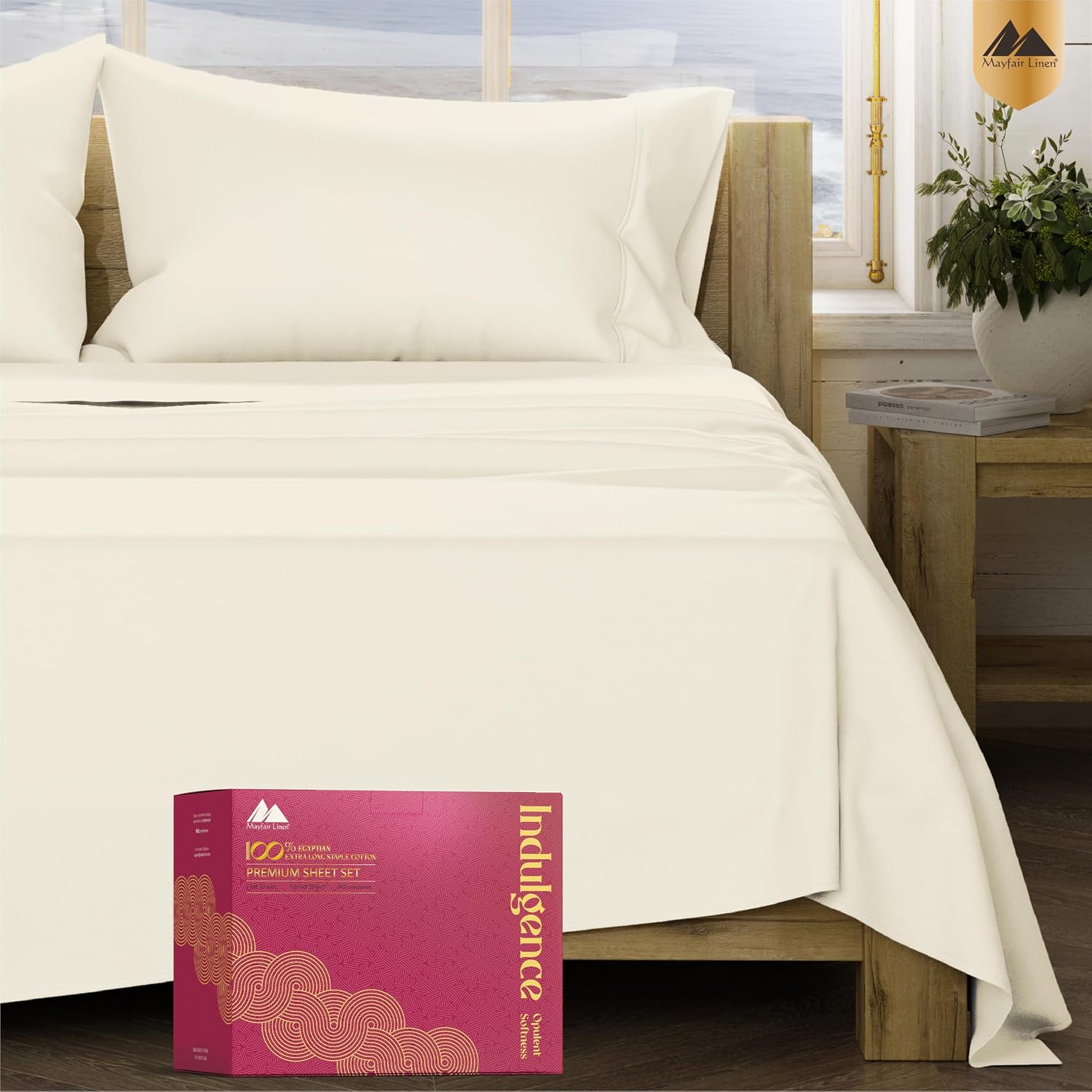 Mayfair Linen 100% Egyptian Cotton Queen Sheet Set - Luxury 1200 Series Egyptian Cotton Sheets Queen Size (4 PC, Ivory), Silky Soft, Cooling & Breathable, 17' Deep Pocket Sateen Weave Hotel Bedding