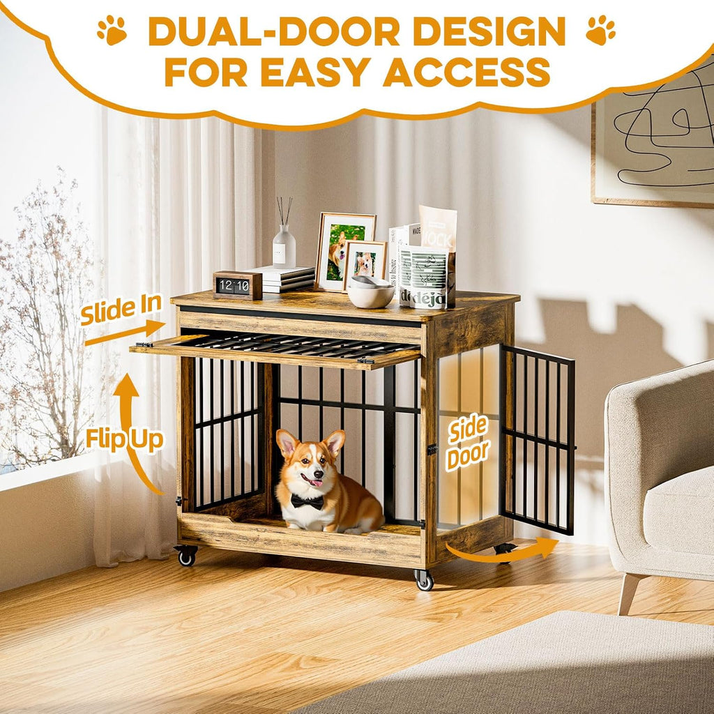 32' Dog Crate Furniture, Double Door Wooden Indoor Dog Kennel Furniture, Decorative Pet Cage End Table with Wheels for Medium and Small Breed Dogs, Size M, Rustic Brown