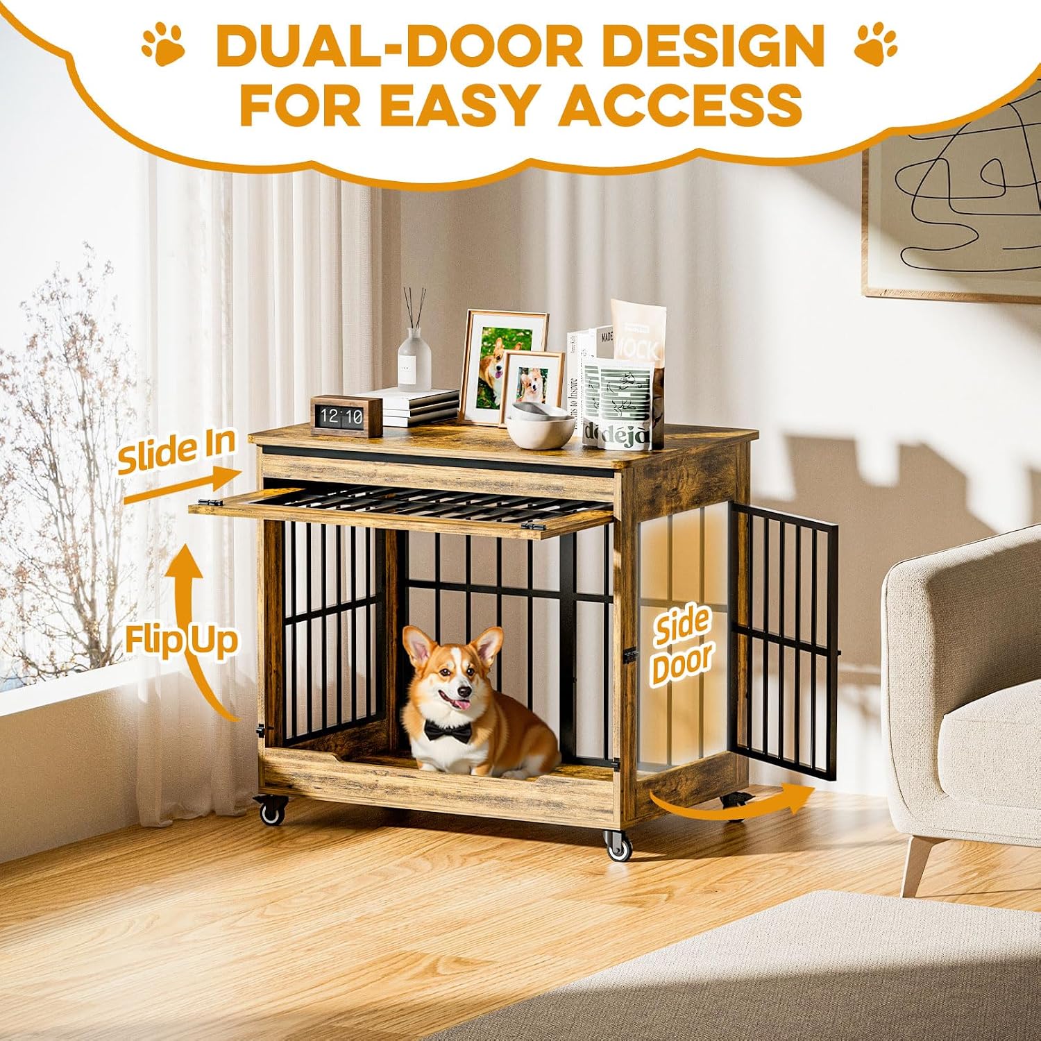 32' Dog Crate Furniture, Double Door Wooden Indoor Dog Kennel Furniture, Decorative Pet Cage End Table with Wheels for Medium and Small Breed Dogs, Size M, Rustic Brown
