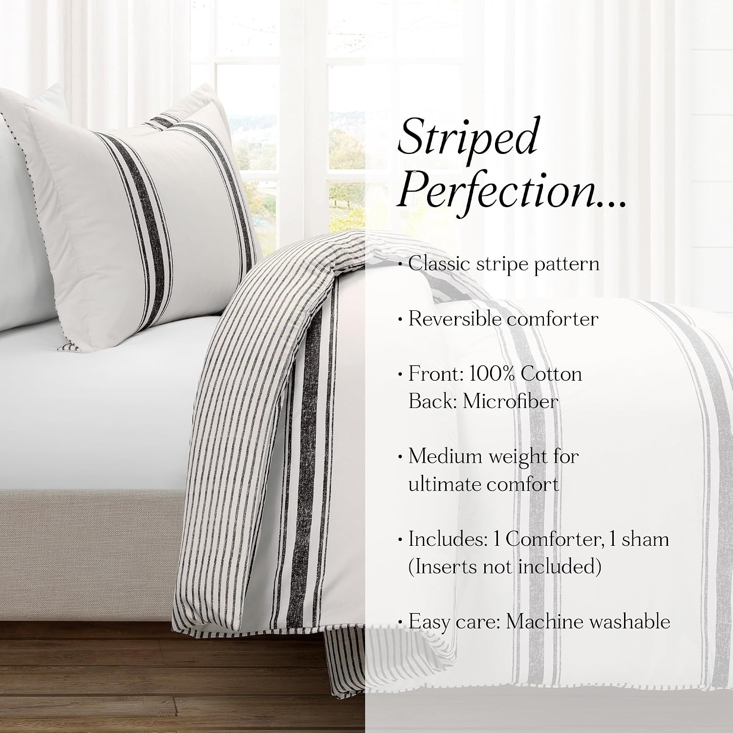 Lush Decor Farmhouse Stripe Reversible Cotton Comforter Set, 2-Piece, Twin XL Black - Twin Bedding Set - Dorm Decor - Striped Comforter for Farmhouse Bedroom Decor